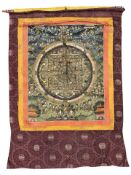 A Tibetan Thangka painting, gouache on linen, with silk brocade backing and gold cloth cover,