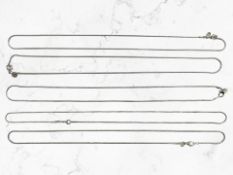 Five white metal chains each with metal disc stamped '925', each length 56 cm.