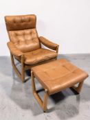 A late 20th century Scandinavian tan leather upholstered lounge armchair and matching footstool,