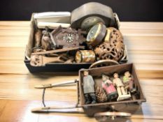 A wooden model of a carriage, various carved figures, cashmere ware papier mache box and cover,