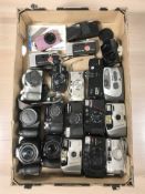 Assorted film and digital cameras including two Fujifilm Finepix S cameras,