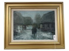 Continental School : Figures in a street, oil on canvas, indistinctly signed, 41 cm x 29 cm.