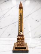 A treen Tunbridge ware parquetry desk thermometer, late 19th century, of obelisk form, height 19.