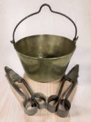 A Victorian brass jam pan, diameter 30 cm, and two pairs of antique shears.