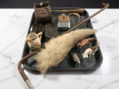 A silver mounted leather riding crop, together with a fox tail, brushes, hip flask, hunting horn,