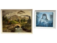 20th Century Naive School : Figures on a stone bridge over a river, oil on board,