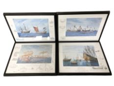 A set of four Spanish colour prints depicting war ships of various eras, each 30 cm x 42 cm overall.