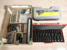 Assorted tools including socket sets, drill bits, two tonne trolley jack,