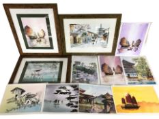 R Scott (Contemporary) : Street in Kyoto with a man pulling a rickshaw, watercolour, 28 cm x 38 cm,