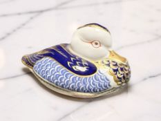 A Royal Crown Derby duck paperweight, gold stopper.