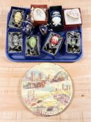 A collection of Faberge-style enameled egg ornaments, Ringtons heritage collector's plate.
