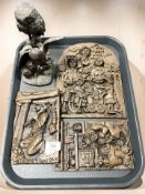 Three Robert Olley plaques and two Heredites figures of owls.