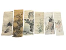 Chinese School : A bird perched in the branches of a pine tree, watercolour on fabric,