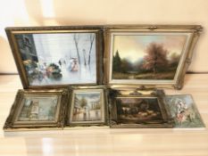 A group of gilt framed oils on canvas, a similar framed print and a continental porcelain wall tile.