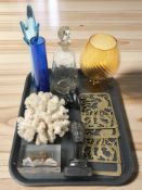 A coral specimen, an Egyptian carved stone bust, pair of pierced brass panels, glasswares, etc.