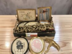 A group of pictures and prints, oil on canvas of sailboat at sea, oriental embroidered panel,