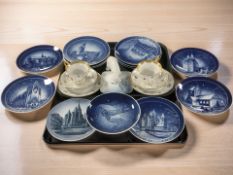 Two KPM porcelain trios, a quantity of Royal Copenhagen blue and white collector's plates,