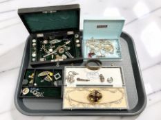 An antique jewellery box, assorted costume jewellery including paste-set items, filigree necklace,