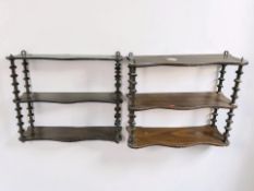 Two antique three tier wall shelves, width 60 cm.