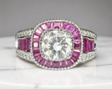 An Art Deco style dress ring set with 1.2ct moissanite with GRA certificate, size P.