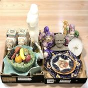 Assorted ceramics, figurines, small pair of elephant jardiniere stands, etc.
