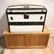 An early 20th century wooden bound dome top trunk, width 71 cm, together with a pine blanket box.