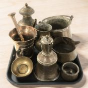 A group of copper plated and other metal wares including swing handled cooking pot,