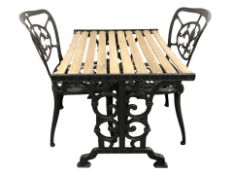 A cast aluminium garden table, width 80 cm, and a pair of matching chairs.