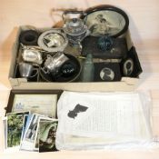 An EPNS spirit kettle on stand, other plated wares, silhouette portraits, glass paperweight,