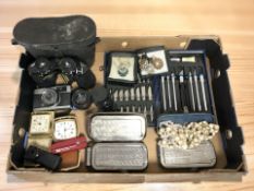 A group of vintage razors, pair of Miranda 10x50 binoculars, Olympus Trip 35 camera, lenses,