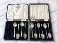 A cased set of six silver teaspoons, Sheffield marks, plus a further incomplete case of four spoons.