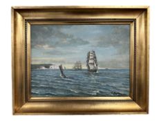 R Hastov : Ships approaching a headland, oil on canvas, 36 cm x 26 cm.