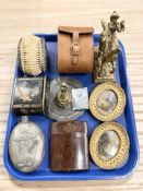 A pair of silver mounted brushes in leather travel pouch,