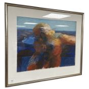 Poul Jances Ipsen : Abstract figures by a coast, colour chalks, 56 cm x 42 cm.