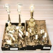 A group of brass lamp bases, wall sconces, chandelier, etc.