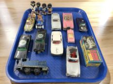 A group of die cast models including two Corgi Toys The Green Hornets Black Beauty cars,