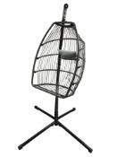 A garden hanging seat on metal stand.