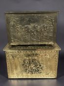 Two embossed brass coal boxes, the larger 46 cm wide.