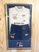 A signed Josef Craig MBE paralympic gold medallist pair of swimming shorts and polo shirt,