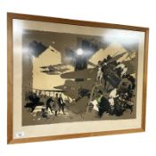 After Otto Nielsen : Figures by aircraft, limited edition colour print, 75 cm x 59 cm.