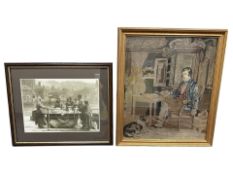 A 19th century embroidered panel depicting a hound with his master, 45 cm x 53 cm,