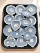 A group of Wedgwood blue Jasperware pin dishes.