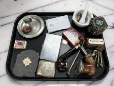 A tray of assorted items including EPNS cigarette cases, ashtray, small Elizabeth II coronation tin,