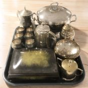 A group of EPNS wares including a twin handled tureen and cover, goblets,
