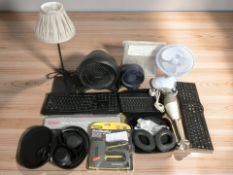 Assorted home wares including keyboards, desk fans, kitchen blender, table lamp,