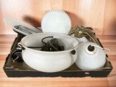 A 20th century marbled glass ceiling lightshade, plus several other shades and fixtures.