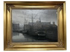 Otto Olsen : Boats on a canal with the church of Holmen beyond, oil on canvas, 38 cm x 28 cm.