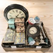 A pair of modern silver plated candlesticks, angle poised lamps, wall clocks, jewellery boxes, etc.