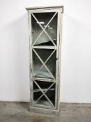 A shabby chic glazed single door cabinet with shelved interior, 54 cm x 32 cm x 172 cm.