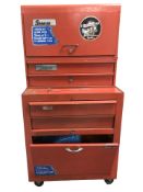 A Snap On enameled metal tool chest containing unrelated tools, width 68 cm.